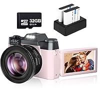 Digital Camera VJIANGER 4K 48MP Point and Shoot Camera with 32GB SD Card 16X Digital Zoom Compact Vlogging Camera for YouTube(DC8 Pink1)