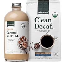 Natural Force Organic Ground Clean Decaf Coffee + Creamy Caramel MCT Oil Bundle – Flavored MCT Creamer & Mold & Mycotoxin Free Coffee – Non-GMO, Keto, Paleo, and Vegan-10 Oz Bag and 16 Oz Glass Bottle