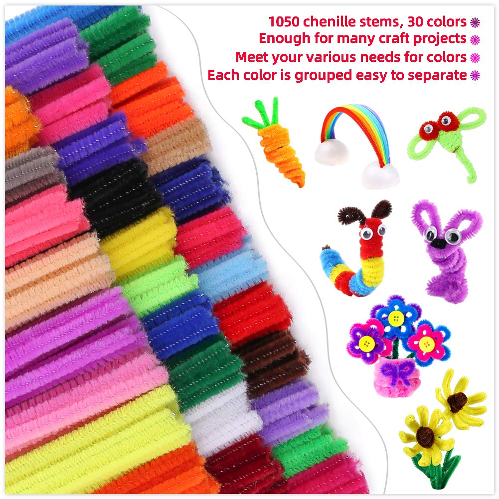 Pipe Cleaners Chenille Stems 1050 Pieces 30 Assorted Colors for Craft Arts Creative DIY Projects Decorations, 6mm x 12inch Fuzzy Colored Chenille Stem Sticks Set Craft Supplies for Kids and Adults