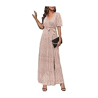 Women's Side Split Sequin Gown Summer Wrap Maxi Dress Casual V Neck Ruffle Short Sleeve Belted Cocktail Dresses