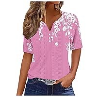 Short Sleeve Button Up Tops for Women Summer Eyelet Tops Fashion Floral Print Trendy Henley Neck Blouses