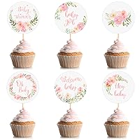 Yexiya Baby Shower Cupcake Toppers (24 Pcs), Pink Floral Theme, Safe Paper Material, 5x0.6 inches, for Baby Birthday Party Decorations