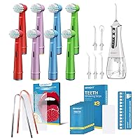 GENKENT Complete Oral Care Bundle (8 Pcs Electric Kid Toothbrush Replacement Heads, Water Flosser, Teeth Whitening Gel Strips, Tongue Scraper)
