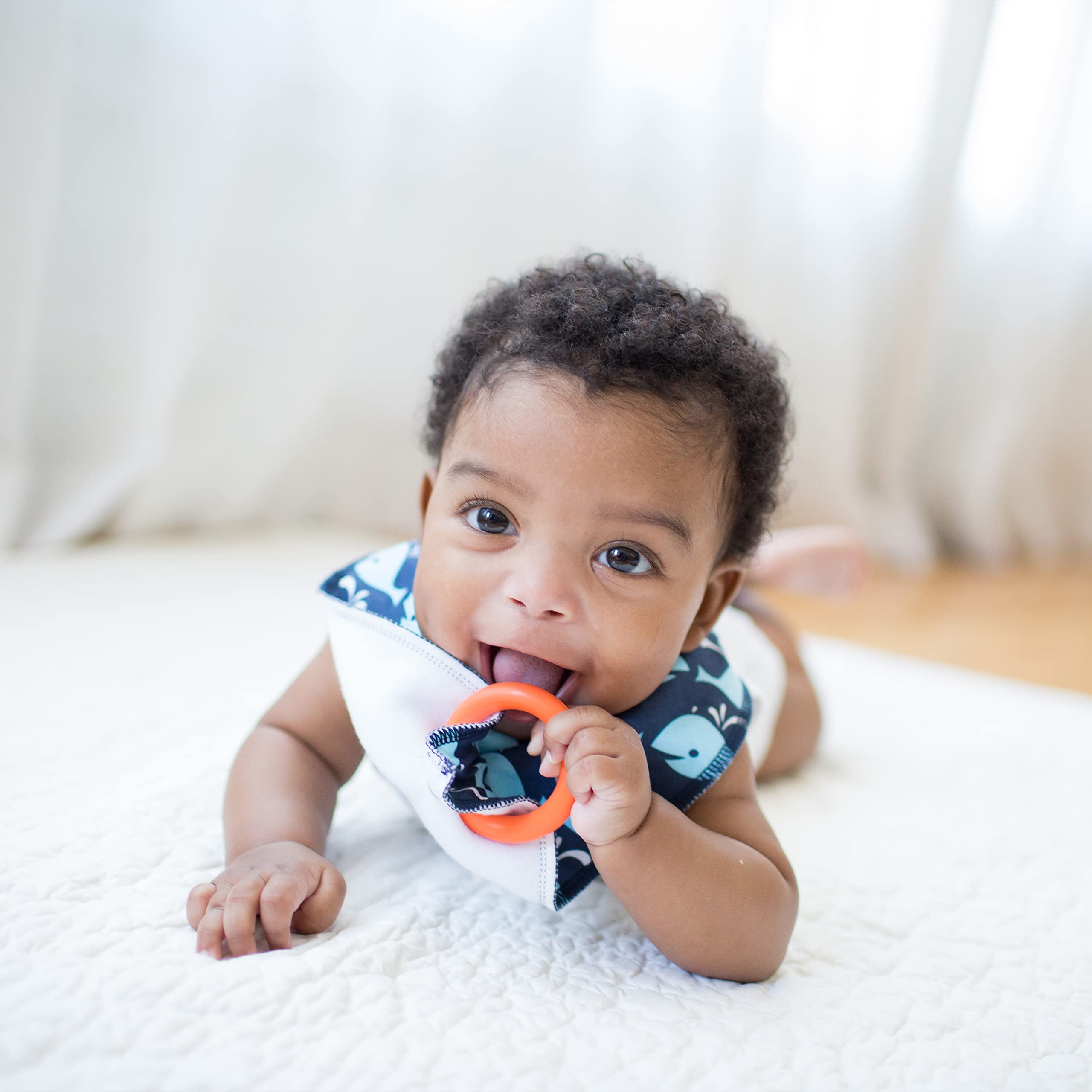 Dr. Brown’s Bandana Bib with Snap-On Removable Teether, Cotton Baby Bib with Soft Fleece Lining for Teething & Drooling, 3m+, 2-Pack, Navy Whales & Anchors