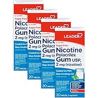 Leader Nicotine Gum Stop Smoking Aid, 2 mg, Nicotine Transdermal System, Ice Mint, Polacrilex Quit Smoking with Behavioral Support Program, Sugar Free, 20 Count, Pack of 4