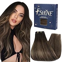 Fshine Weft Hair Extensions Human Hair - 20 Inch Balayage Dark Brown to Light Brown Mixed Dark Brown Hand Tied Weft Hair Extensions - Full Head Straight Real Hair Bundle Sew in hair Extensions 100g