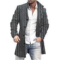 Stripe Trench Coat for Men Casual Fall Winter Peacoat Single Breasted Woolen Coats Slim Outerwear Button Jackets Tops