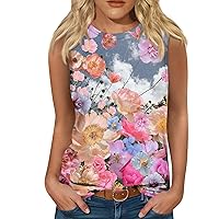 Satin Tank Tops for Women,Workout Tanks Tops for Women Women Summer Casual Camis Street Fashion Round Neck Floral Print Tank Tops Top Shapewear Camisole Orange Sleeveless Turtleneck Top(3-Pink,XL)