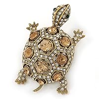 Vintage Inspired Clear/Citrine Austrian Crystals Turtle Brooch In Antique Gold Metal - 55mm L