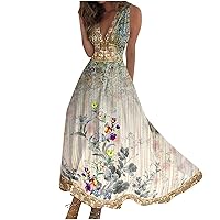 Plus Size Dresses for Curvy Women Summer Boho Long Maxi Summer Sleeveless V Neck Boho Waist Retraction Printed Dress