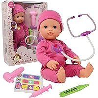 Interactive 16” Baby Doll Toy Doctor Kit with Light Up Heartbeat Sound Stethoscope, Pretend Role Play Accessories Set - Medical Checkup Playset Gift Pack for Kids, Girl Toddler – Pink, (16 Inch)