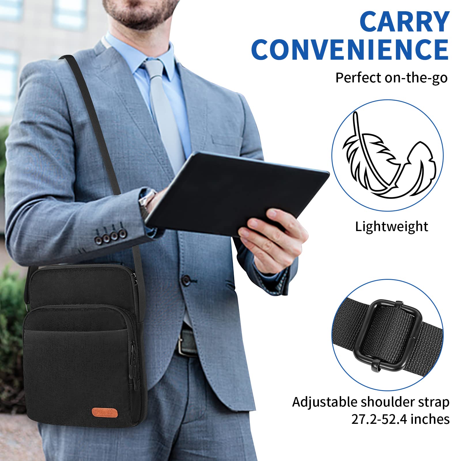 Tablet Sleeve Bag Carrying Case for 9-11 Inch Tablets, Fits for iPad Pro 11 Inch, iPad Air 5/4 10.9'', iPad 9/8/7th Gen 10.2, Galaxy Tab S8 A8 A7, Surface Go 10.5, with Shoulder Strap & Pockets, Black