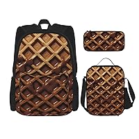 3 Pcs Chocolate Waffles Print Backpack Sets Casual Daypack with Lunch Box Pencil Case for Women Men