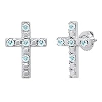 Dazzlingrock Collection 5 Round Gemstone or Diamond with Alternating Metal Diamond Religious Cross Stud Earrings for Her in in 925 Sterling Silver