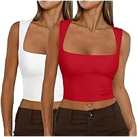 MISSJOY Women's 2 Pack Tank Top Square Neck Sleeveless Double Lined Seamless Stretchy Slim Fit Crop Tops