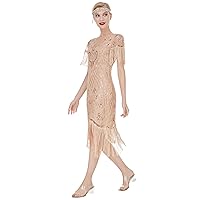 FAIRY COUPLE Women's 1920s Lace Neck Great Gatsby Dress Sequin Art Deco Flapper Dress with Sleeve D20S028