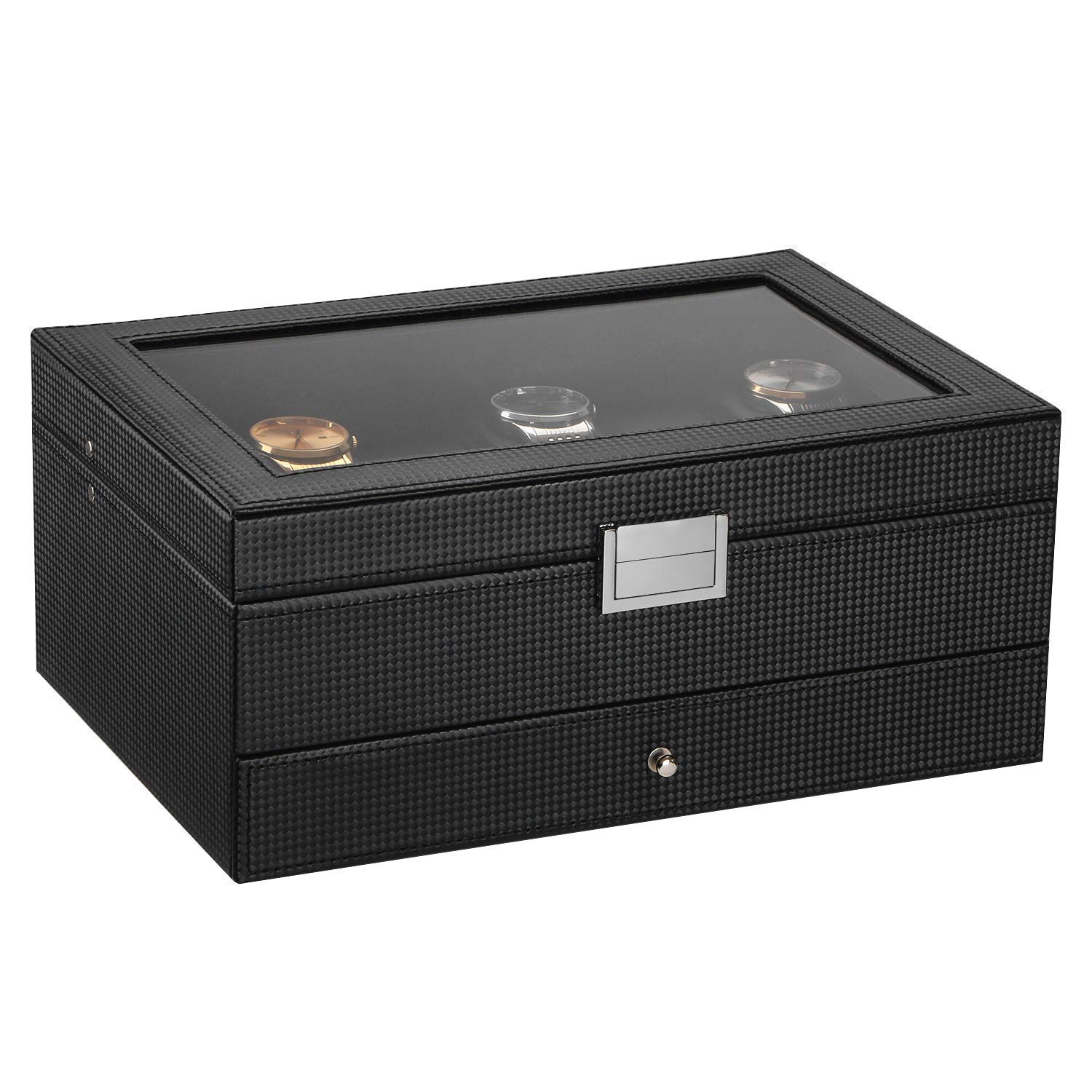 BEWISHOME 12-Slot Watch Box with Valet Drawer & Mens Valet Tray Dresser Organizer Nightstand Organizer Bundle, Carbon Fiber Leather, Black