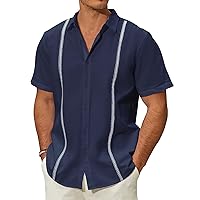 Mens Linen Cuban Guayabera Button Down Shirts Short Sleeve Casual Summer Beach Tops