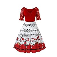 YangMeng European American Womens Lace Stitching Christmas Old Man Print Retro Big Dress Suitable for Cocktail Wedding Evening Party School Bridesmaid Prom (Red,S)
