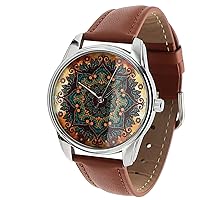 Gold Pattern Silver Unisex Wrist Watch, Quartz Analog Watch with Leather Band