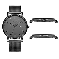 BUREI Men's Custom Personalized Watch Minimalist Ultra-Thin Wristwatch Analog Date with Leather Strap