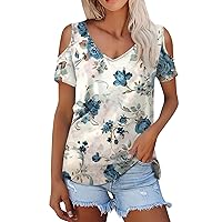 Sunflower Shirts for Women, Women's Summer Fashion Casual Printed Cold Shoulder V Neck Short Sleeve, S, 3XL