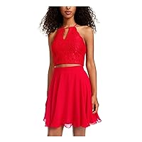 Womens Red Embroidered Lace Floral Sleeveless Keyhole Short Cocktail Fit + Flare Dress Juniors 7