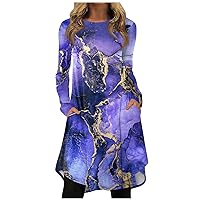 Trendy Plus Size Midi Dress for Women,Casual Fall Winter Long Sleeve Elegant Smocked Flowy Floral T Shirt Dress