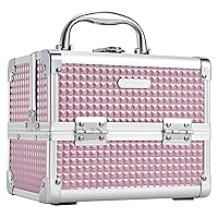 Makeup Train Case Portable Cosmetic Box Jewelry Organizer Lockable with Keys and Mirror 2-Tier Trays for Makeup Artists Craft Nail Kits Sewing Box Traveling Makeup Storage Case Pink