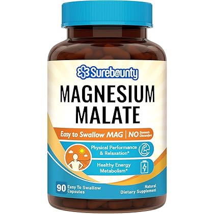 Surebounty Magnesium Malate, 410 mg Magnesium Malate (45 mg Elemental Magnesium), Morning MAG Regimen, Energy & Muscle, for Children, Teenagers, and Adults, No Oxide, 90 Easy to Swallow Capsules