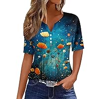 Tshirts Shirts for Women,Womens Short Sleeve Tops Vintage V-Neck Button Boho Tops for Women Going Out Tops for Women