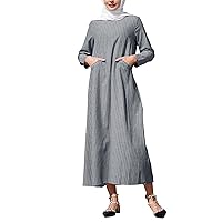 IMEKIS Abaya Long Sleeve Floral Printed Maxi Dress for Muslim Women Middle East Arabian Stripe Loose Fit Robe with Pockets