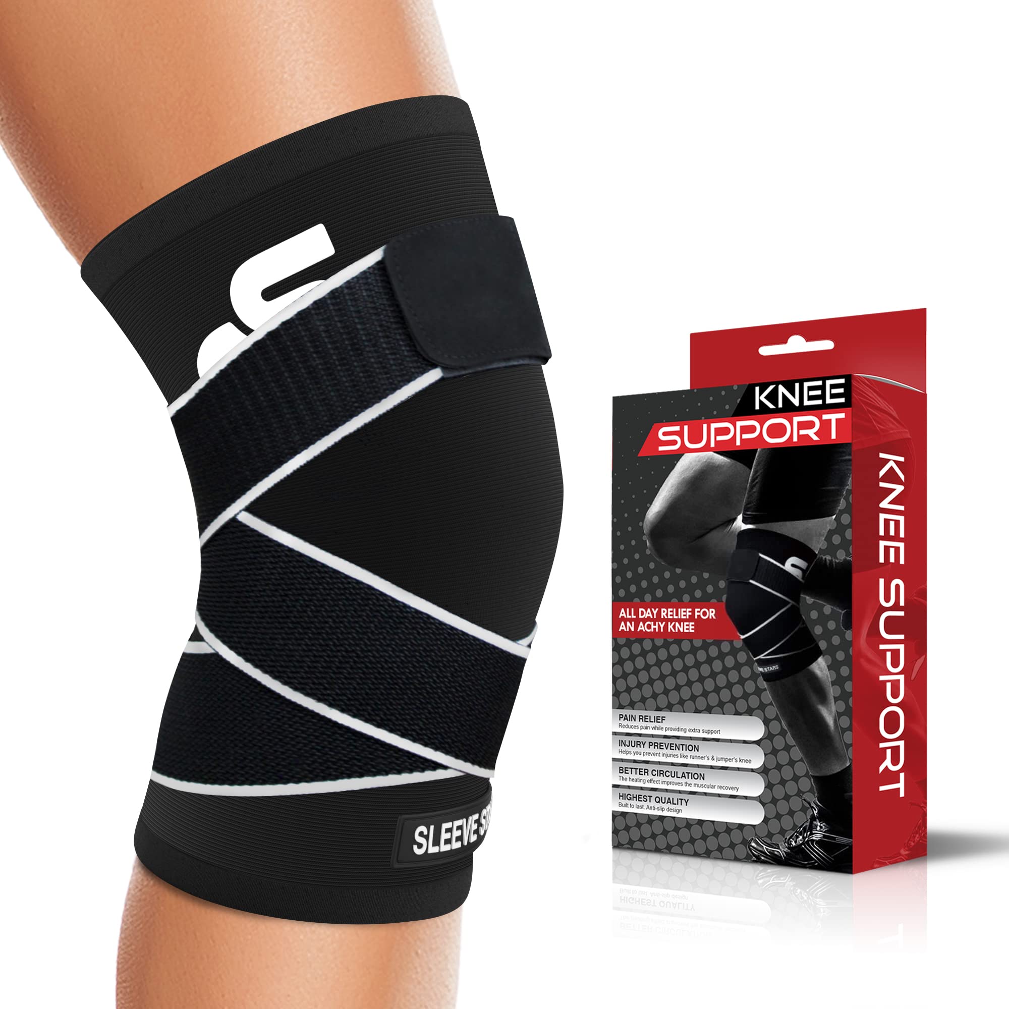 Sleeve Stars Knee Compression Sleeve for Women & Men, Swedish Design Knee Brace for Meniscus Tear, Knee Support Wrap for Working Out w/Strap for Tendon & Patella, Knee Braces for Knee Pain (S-XXL)
