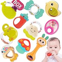 Baby Rattle Teething Toys for Babies 0-6-12 Months 10Pcs, Early Educational Infant Toys Gift Set for Boy Girl 3-6 Months, Newborn Sensory Toys Teether, Grab Shaker, Tummy Time Rattle with Storage Box