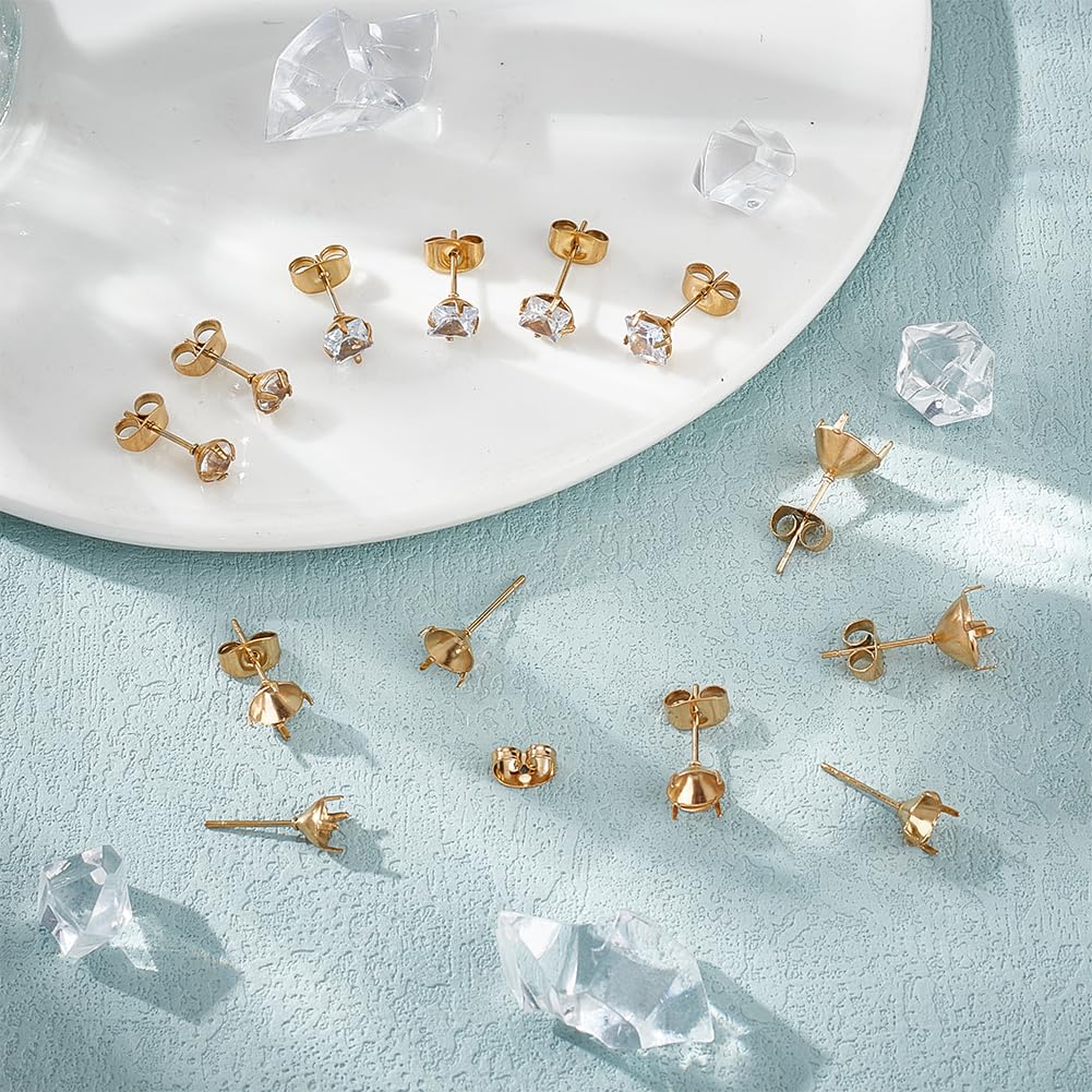 UNICRAFTALE 36pcs Real 18K Gold Stud Earring Stainless Steel 4 Claw Prong Earring Settings Stud Earrings Blank Components with Ear Nuts Rhinestone Stud Earrings for DIY Earring Jewelry Making