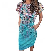 Women Flower Print Bowknot Belted Trendy Sheath Dress Short Sleeve Crewneck Casual Summer Dressy Pencil Dresses