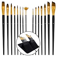 U.S. Art Supply 15 Piece Artist Long Handle Synthetic Paint Brush Set - Multi Functional Watercolor Gouache Oil Acrylic Brush Set in Zippered Nylon Pop-Up Travel Storage Case