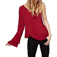 Sanctuary Womens One-Shoulder Bell Sleeve Blouse Red L