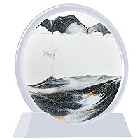 TKTM Liquid Motion Sandscape Round Moving Sand Art Sensory Toy Anxiety Fidget ADHD Relaxation Toy Home Office Desktop Decoration (White Frame, Black, 7-in)