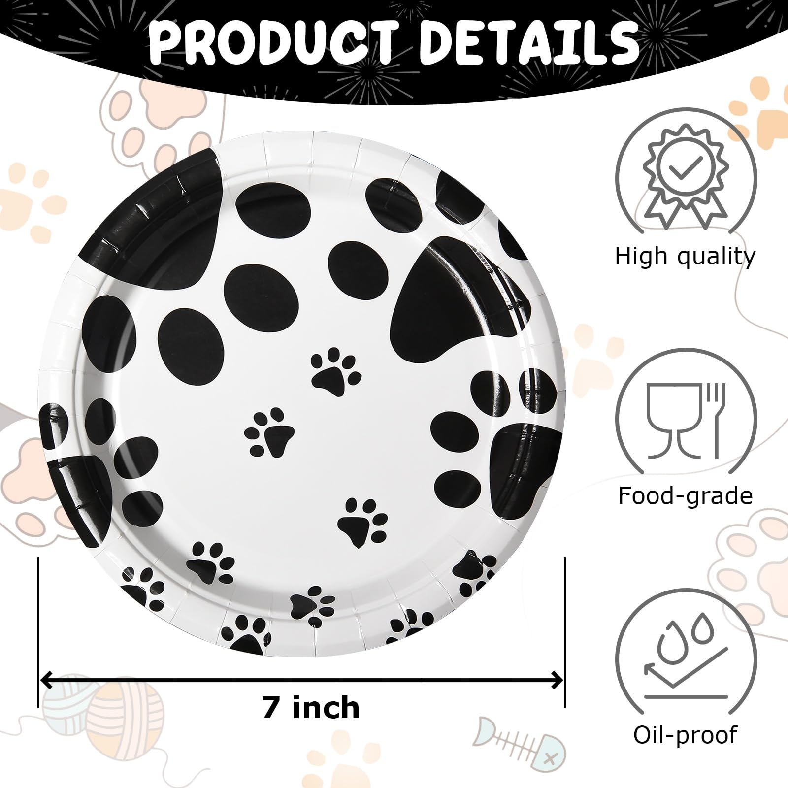 AFZMON Paw Print Party Plates Patrol Birthday Decorations Dessert Paper Plates, 50pcs 7inch Disposable Round Plate for Kids’ Pet Dog Cat Puppy Party Tableware supplies