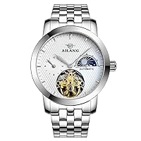 WhatsWatch Waterproof Silver Stainless Steel Band Mens Skeleton Automatic Watches Moon Phase with Month -329
