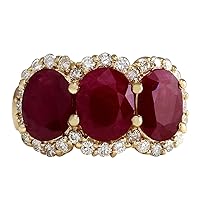 6.82 Carat Natural Red Ruby and Diamond (F-G Color, VS1-VS2 Clarity) 14K Yellow Gold 3 Stone Ring for Women Exclusively Handcrafted in USA