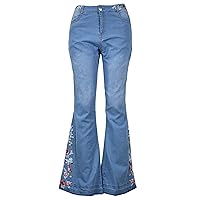 Andongnywell Womens Chic Floral Embroidered High-Rise Bell Bottom Jeans Broad Feet Long Flare Denim Pants Trousers