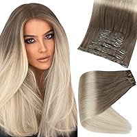 Full Shine Blonde Hair Extensions Real Human Hair Clip ins Skin Weft Clip in Extensions Seamless Human Hair Light Brown Balayage to Platinum Blonde Extensions Human Hair Natural 100 Grams 12 Inch