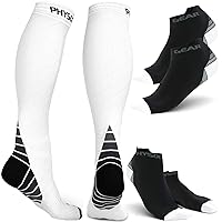 Physix Gear Sport 3 Pairs of Compression Socks for Men & Women 2 Pairs Low Cut & 1 Pair Knee High (Black/White) L-XL Size