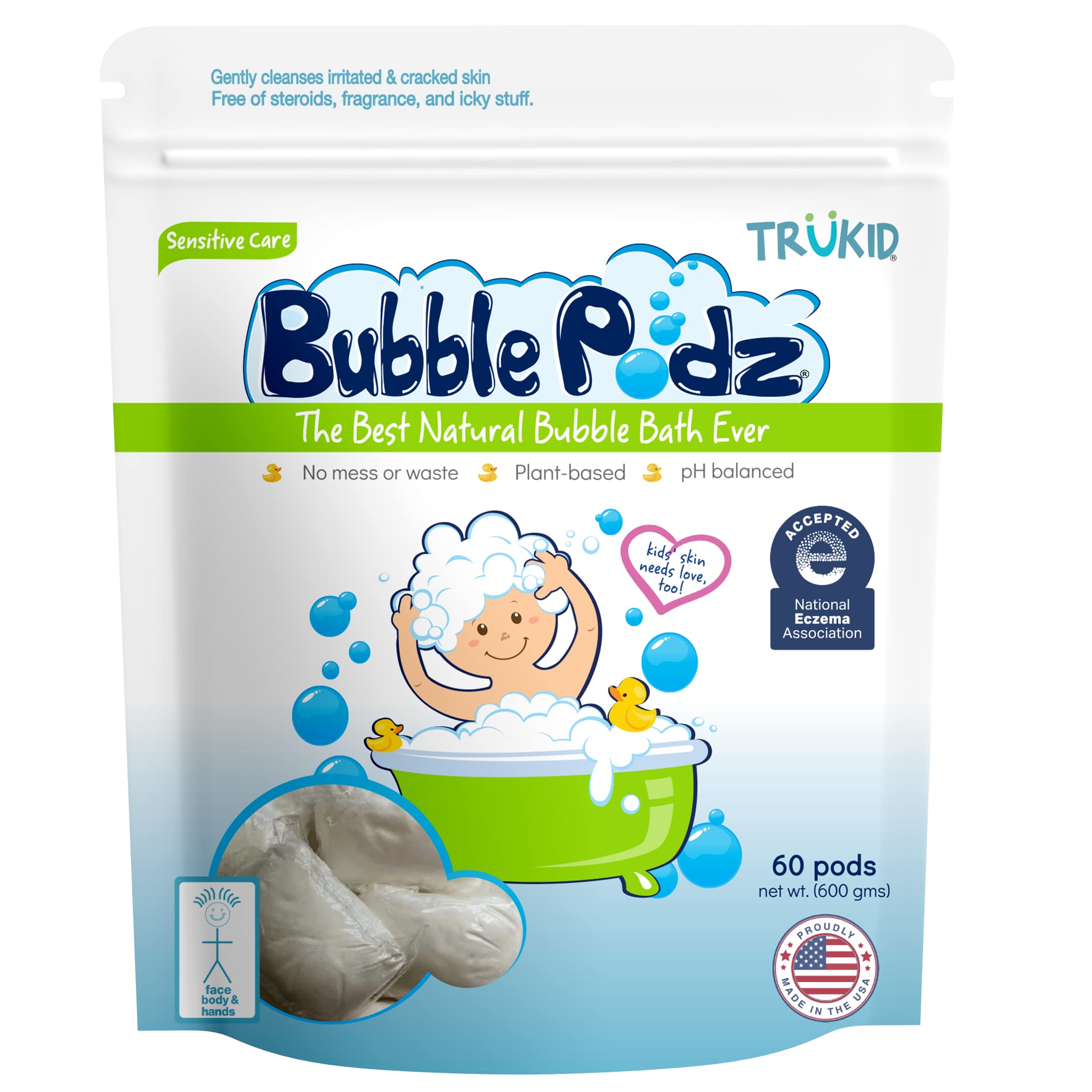 TruKid Bubble Podz Bubble Bath for Baby & Kids, NEA-Accepted for Eczema, Gentle Refreshing Colloidal Oatmeal Bath Bomb for Sensitive Skin, pH Balance 7 for Eye Sensitivity, Unscented (60 Podz)