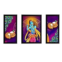 eCraftIndia Set of 3 Lord Krishna Satin Matt Texture UV Art Painting