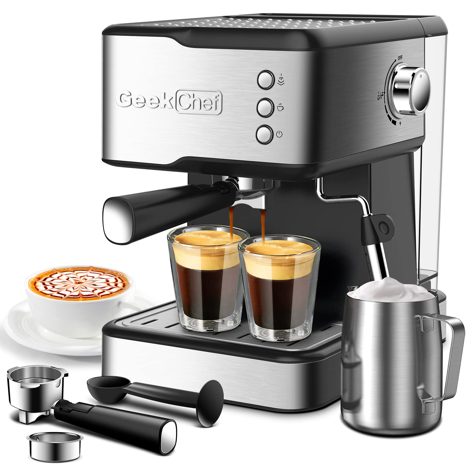 Geek Chef Espresso Machine Coffee Machine with Milk Frother Steam Wand, 20 Bar Pump Pressure Espresso and Cappuccino latte Maker, 1.5L Water Tank, ...