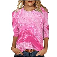 3/4 Length Sleeve Womens Tops Round Neck Landscape Painting Pattern Blouses Fall Fashion Three Quarter Sleeve Pullover Shirts