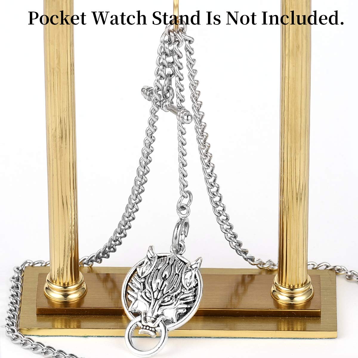 ManChDa Double Albert Chain Pocket Watch, Curb Link Chain 3 Hook Antique Plating Shield Design Fob T Bar for Men with Wolf Pendant
